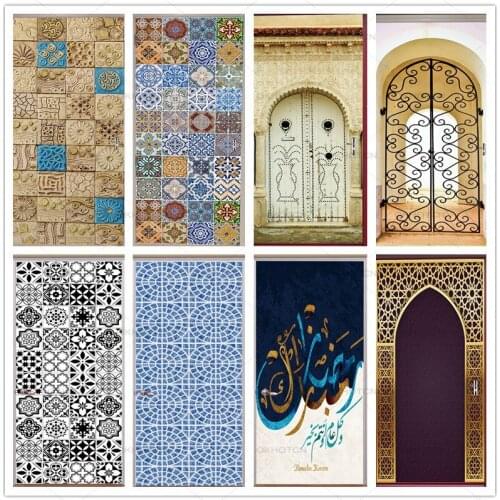 3D Tile Door Sticker Home Decor Vinyl Self-adhesive Mural Poster Arabic Style Retro Pottery Decal Stickers Porte Doors Wallpaper