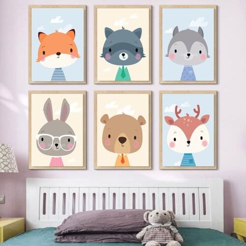 Cute Fox Deer Rabbit Bear Raccoon Nursery Wall Art Canvas Painting Nordic Posters And Prints Wall Pictures Baby Kids Room Decor