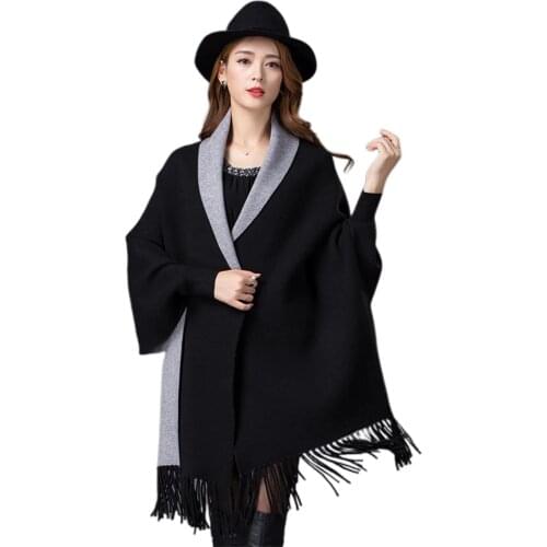 Autumn Winter Women Black Poncho Capes Batwing Shawl Thick Cashmere Cardigan Warm Sweater for Women Long Poncho