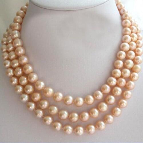 Triple strandsAAA++ 9-10mm south sea round gold pink pearl necklace 18"19"20"14k/20