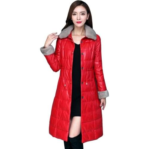 European Winter Women Real Leather Parkas Down Coats Mink Fur Collar & Cuff Lady Warm Outerwear Overcoat LF4205