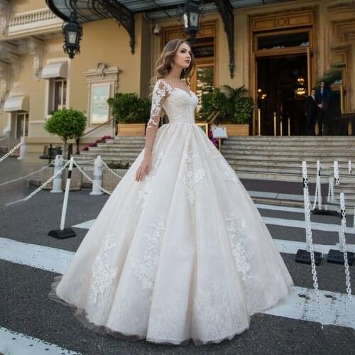 Princess Ball Gown Long Sleeves Wedding Dress Applique Lace Light Champagne Bridal Gowns robe de mariee sirene