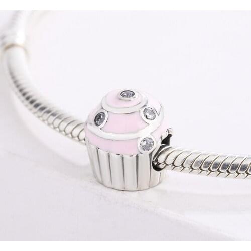 925 Sterling Silver Pink Cupcake Swirl Dusted With Sparkling CZ Zircon Pendant Charm Bracelet DIY Jewelry For Original Pandora