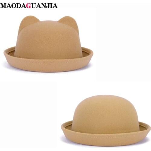Newest Fashion Parent-Child Bowler Hat Wool Felt Fedora Hats For Women Girls Children Solid Cat Ear Formal Cap Trilby 2020