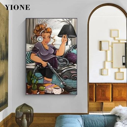Funny Fat Lady Life Clean up Canvas Painting Modern Cartoon Figure Poster Prints Wall Picture for Living Room Bedroom Decoration
