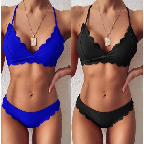 Sexy Floral Side Solid Lace Up Bikinis Push Up Swimsuits Women Swimwear Split Bathing Suit Beachwear Bikini Set Swimming Sut