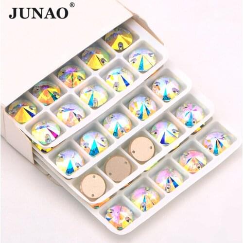 JUNAO 8 10 12 14 16 18 mm Sew On K9 Glass Crystal AB Flatback Rhinestone Applique Round Sewing Rivoli Crystal Strass for Dress