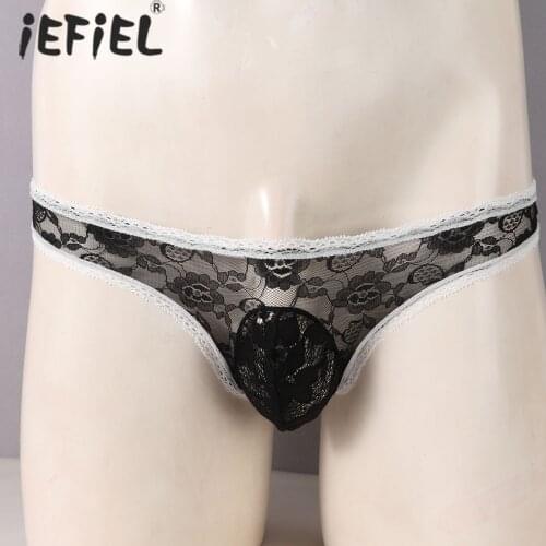 Men Sissy Lace Trim Bulge Pouch Briefs Floral Pattern Male G-string Low waist Exotic Underwear Underpants For Lingerie Night