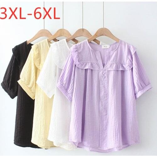 New 2021 Ladies Summer Plus Size Top For Women Large Blouse Short Sleeve Loose Cotton White Purple V-neck Shirt 3XL 4XL 5XL 6XL