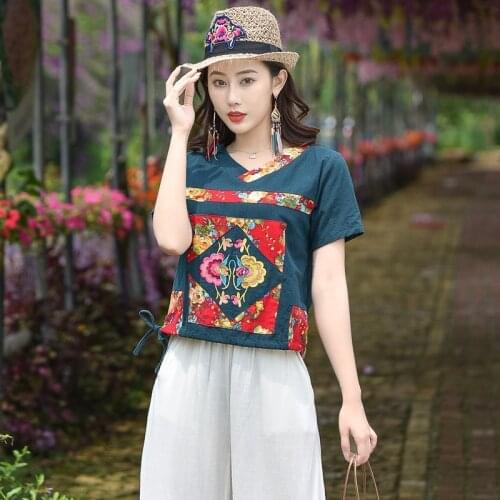 Chinese Style WomenS Clothing Summer 2020 Casual Cotton Linen Tshirts Short Sleeve Loose Vintage Ladies Chinese Tops 11116