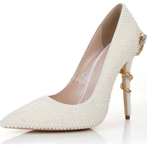 Fashion White Pearl Bridal Shoes Wedding Pointed Toe Shallow Snake Heel Sexy High Heels Bridesmaid Shoe Pumps Handmade Lady Shoe
