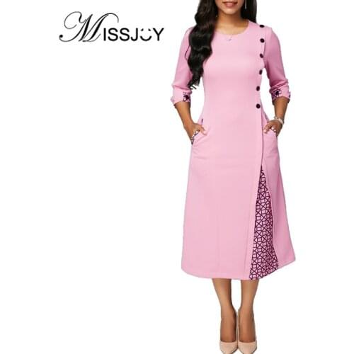 MISSJOY Elegant Office 2019 Autumn Three Quarter Sleeves Patchwork Plaid Button Pocket Plus Size Midi Dress Women S-5XL Party