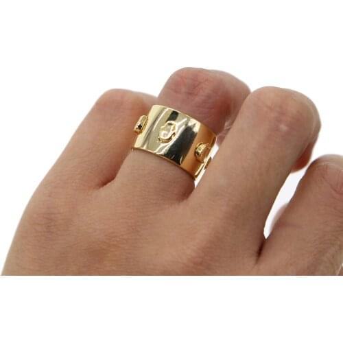 Gold color big wide ring for women minimal simple elegant cz jewelry hot fashion engraved moon star cz engagment band rings