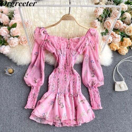 2021 Spring New Sexy&Club Floral Printted Mini Dress Square collar Lantern Sleeve Elastic Pleated Slim Bodycon Mermaid Dress