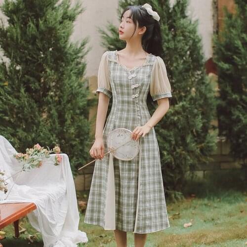 Ruffled Square Collar Vintage Elegant Dress Women 2021 Summer New Chiffon Stitching Puff Sleeve Gentle Retro Vestido de mujer