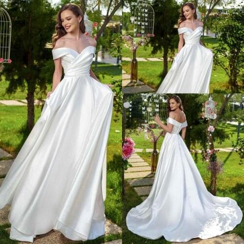 2020 Wedding Dresses Off Shoulder Lace Satin Bridal Gowns Custom Made Sexy Backless Sweep Train A Line Wedding Dress