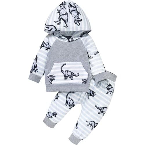 0-24M Infant Baby Boy Girl Outfit Cartoon Dinosaur Printing Long Sleeve Hooded Tops Striped Long Pant 2Pcs