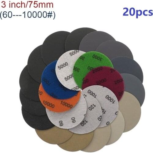 20pcs 3Inch 75mm Sandpaper Sanding Discs Silicon Carbide Hook And Loop Wet Dry Sandpaper 60/80/100/120/240/3000/4000/10000Grit