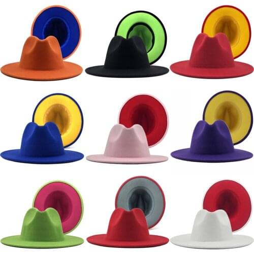 Gray Red Patchwork Wool Felt Jazz Fedora Hat Women Unisex Wide Brim Panama Party Trilby Cowboy Cap Men Gentleman Wedding Hat XL