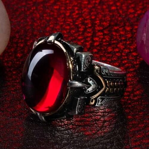 Men Silver Oval Plain Model Red Zircon Gemstone Men Ring Shield Model Ring Handmade Vintage Men Jewelry 925k Silver