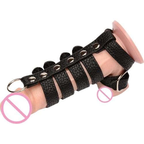 Sex Delay Leather Cock cage penis ring harness ball scrotum stretcher restraint bondage lock Chastity Device Adult game sex toy