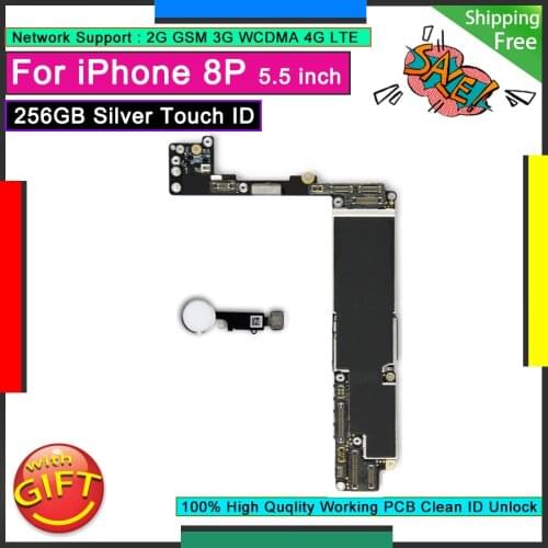 For iPhone 8P 8 PLUS 256GB Original Motherboard White Home Button Silver Touch ID Unlocked Good Working Mainboard Logic Board
