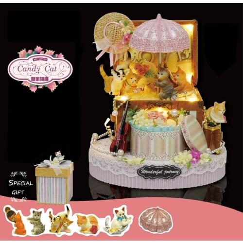 Diy Doll House Wooden 3D Model Miniature Furniture Handmade Miniaturas DollHouse Cute Room Toys for Children Candy Cat