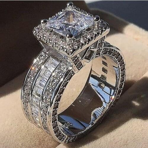 Fashion 925 silver Womens 0.4" Wide Square Cluster Engagement 4ct Diamond Architecture Rings Simulated Platinum Bridal Jewelry