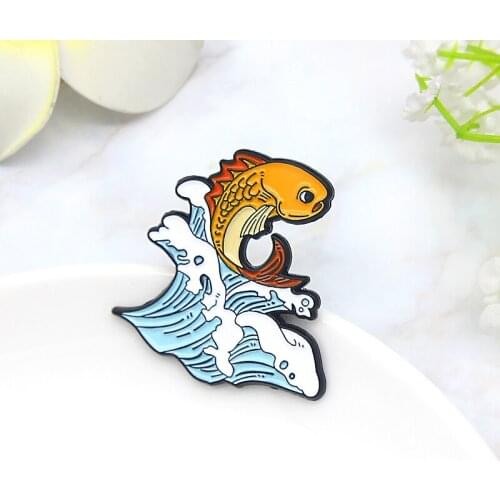 Cartoon Yellow Koi Fish Blue Wave Enamel Lapel Pins Ocean Sea Wave Goldfish Carp Brooches Badges Gifts for Friends Wholesale
