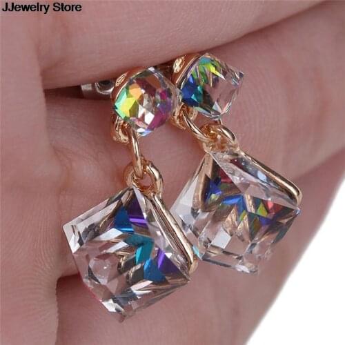 1Pair Double Crystal Cube Earring Women Fashion Earrings Sweet Stud Colourful For Beauty Women Girls Bijou Statement Jewelry New