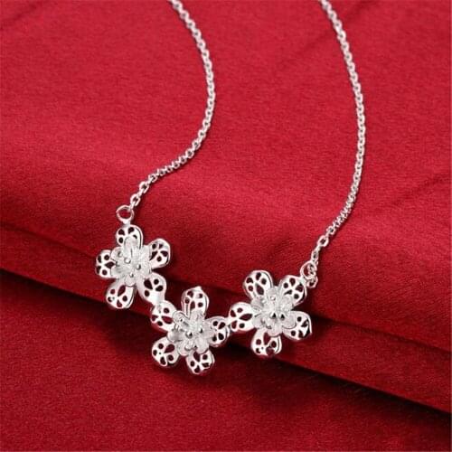 NEW Fashion Flower 925 Print Silver colorPlated Necklace Womens Jewelry Three Flower Necklace Jewelry Gift