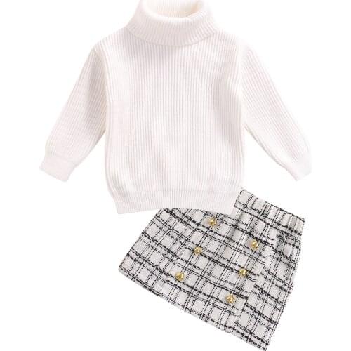 OPPERIAYA 2Pcs Infant Casual Autumn Cotton Outfit Baby Girls Solid Color Long Sleeve Turtleneck Sweater Plaid Skirt with Buttons