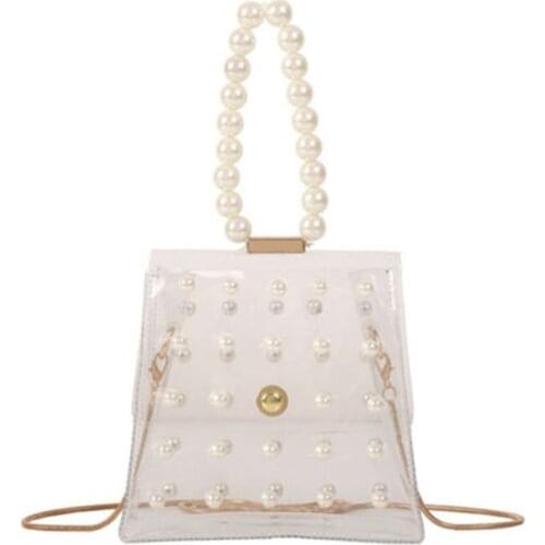 Chain Clear Shoulder Messenger Bag Faux Pearls PVC Transparent Crossbody Top-handle Handbag Best Sale-WT