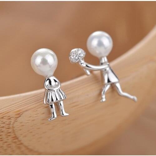 925 Sterling Silver Asymmetry Pearl Cute Stud Earrings For Women Wedding Party Jewelry Pendientes eh1238