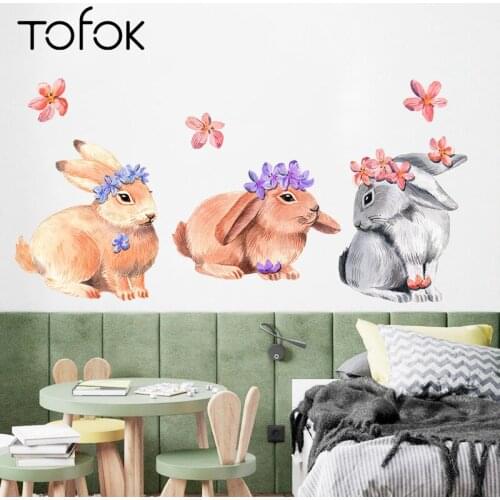 Tofok Hand-painted Watercolor Rabbits DIY Wall Sticker Home Parlor Bathroom Tile Cartoon Mural Decals Nursery Dorm Decoration
