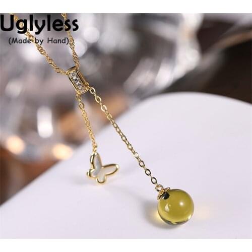 Uglyless Natural Discolored Blue Amber under UV Lamp Gemstones Necklaces Women 925 Silver Little Boat Butterfly Pendants Shell