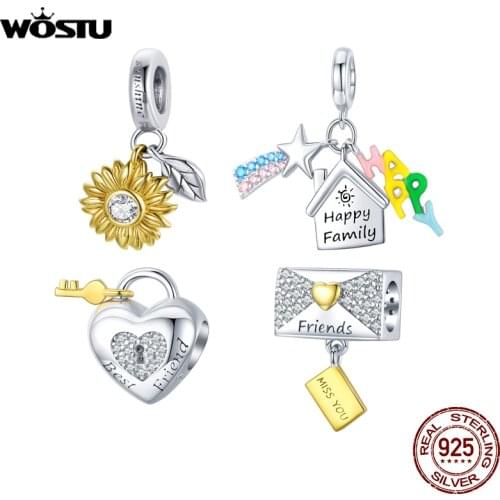 Wostu 925 Sterling Silver Heart Lock Envelope Bead Zirconia Charms Fit Original Bracelet Pendant DIY Silver 925 Jewelry DAC467