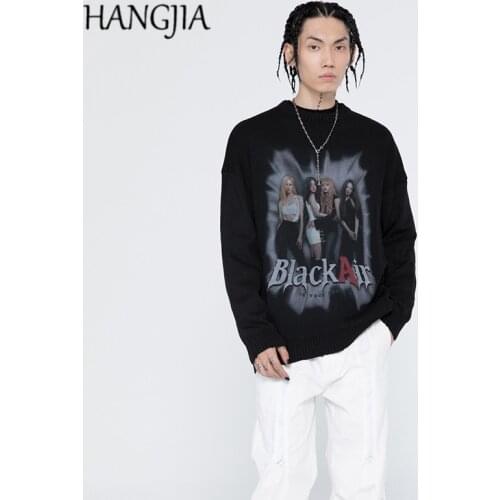 Womens Singing Group Printing Sweaters for Women Korea Urban Streetwear Washed Hole Tassel Pullovers Knitwear Male Oversized