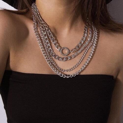 KMVEXO Vintage Punk Multilayer Lock Chains Chokers 2019 Silver Color Round Crystal Long Chain Necklaces For Women Party Jewelry