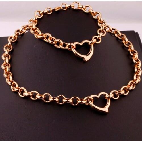 New Women Silver Color/Gold Color Love Heart Necklace/Bracelet Pendant Fashion Stainless Steel Elegant Jewelry Set