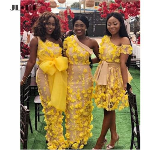 2021 Yellow Black Women Wedding Party Gown Bow Flowers Satin African One Shoulder Bridesmaid Dresses Long