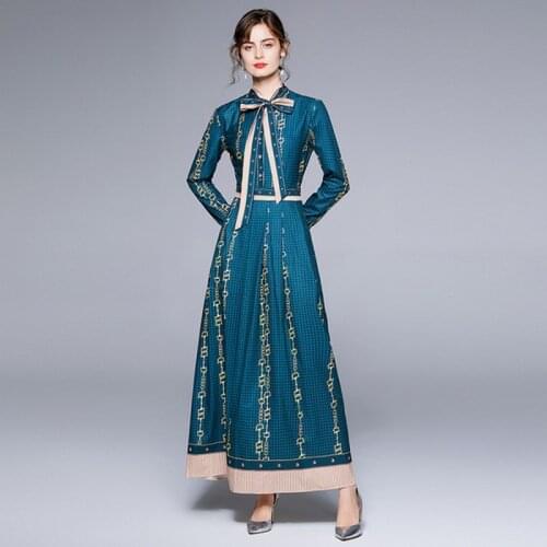 2021 Autumn fashion Elegant women Vintage Houndstooth Chain Print Long Dress Women Long Sleeve Bow Collar Maxi dress Vestidos