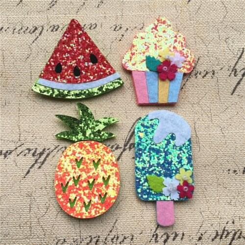 30PCS Bling Felt Wool Fabric Watermelon Ice Cream Cup Cake Pinapple Food Fruit Button Patch Sticker Glitter Fabric Button