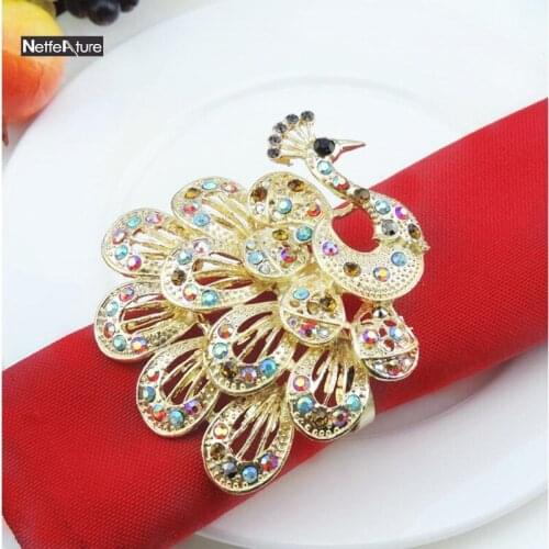 4Pcs Peacock Pattern Rhinestone Metal Alloy Hotel Banquet Napkin Rings Table Decoration Serviette Holder Wedding Napkin Buckle