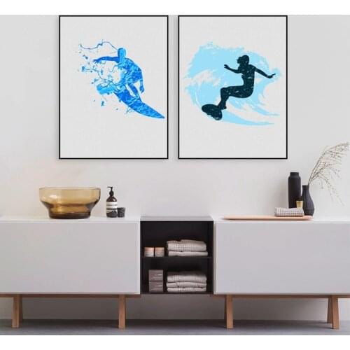 Watercolor Surfers Art Print And Poster , Modern Abstract Surfing Wall Art Canvas Painting Pictures Bathroom Wall Decor
