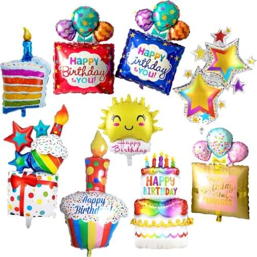 Large Aluminum Film Balloons Sun Stars Candle Cake Globos Happy Birthday Decoration Welcome Baby Factory Wholesale