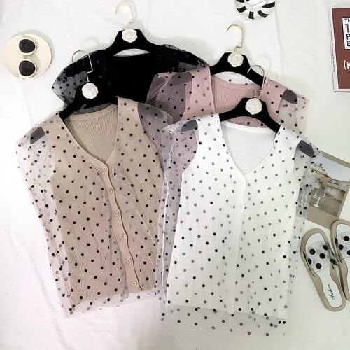 Womens Knitting Patchwork Dot Lace Tank Tops Girls Fairy Chic V-neck Tanks Single Breasted Camisoles For Women