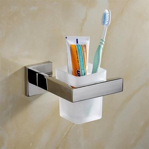 Home Wall Mount SUS304 Stainless Steel Glass Bathroom Single Glass Tumbler with Frosted Brush Holder