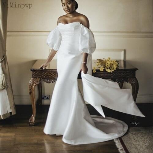 Elegant Satin Mermaid Wedding Dresses with Detachable Train Off Shoulder Lantern Sleeve Pleats Big Bow Bride Dress Customized