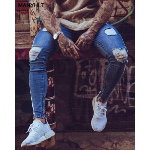 European And American Small Feet Zipper Jeans Mens Clothing Trend Knee Holes Zipper Small Feet Holes New Jeans Casual Pants